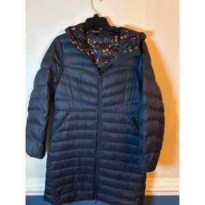 Lands End Puffer Coat Women Medium Navy Floral Lined Hooded Longline Quilted
